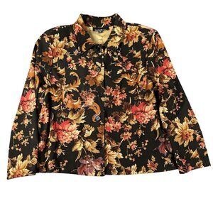 Vtg‎ Briggs New York Womens PL Button Up Black Floral Fall Shirt Long Sleeve